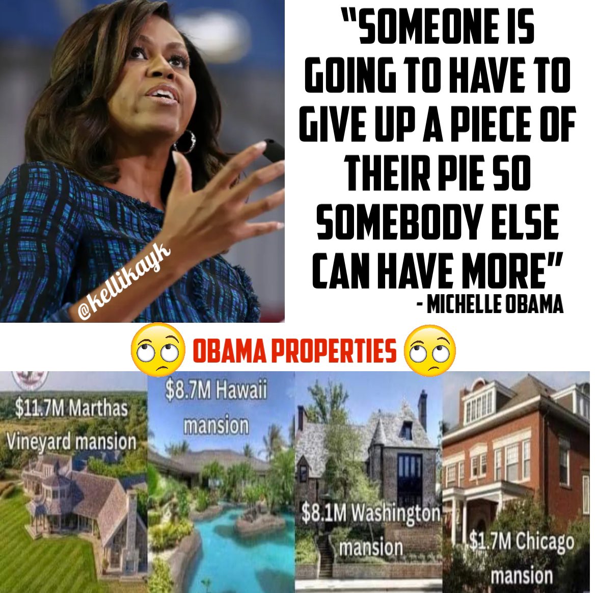 Michelle Obama said “Someone is going to have to give up a piece of their pie so somebody else can have more” 🙄

How about you give away your $30 million in properties you DIDN’T work for and go the fuck back to Kenya 😃

Byeeee bish