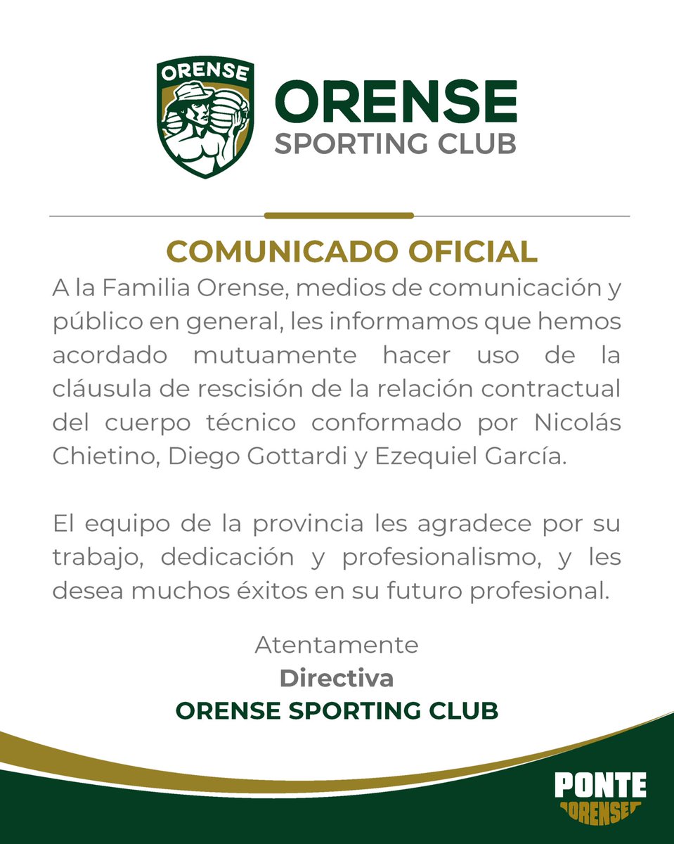 Comunicado oficial 📜🟢 Los entrenamientos del primer equipo serán dirigidos interinamente (hasta nuevo aviso) por los profesores Cristhian Chila (DT) y Julián Tiraboschi (PF), ambos integrantes de nuestras formativas de fútbol.