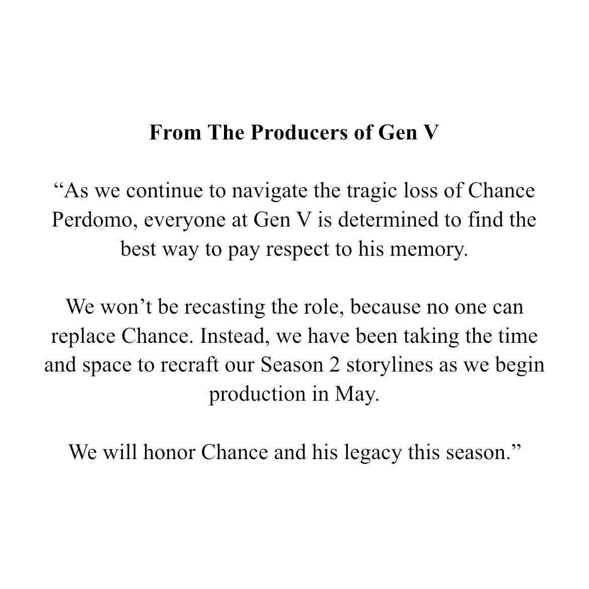 Chance Perdomo’s character will not be recast for ‘GEN V’ Season 2. “Instead, we have been taking the time & space to recraft our Season 2 storylines as we begin production in May”