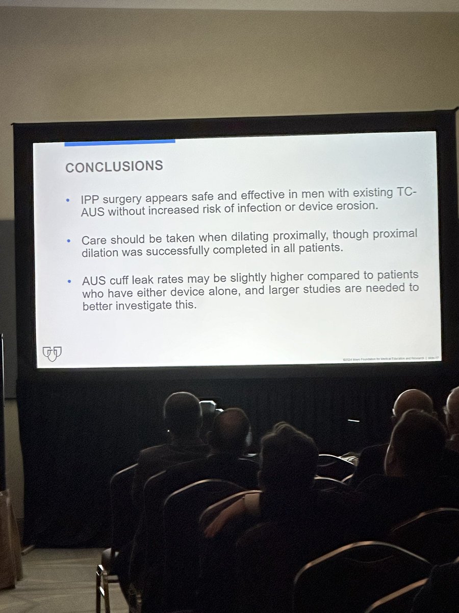 Great presentation by @GarrettUngerer on IPP placement in men with a preexisting AUS. Key takeaways: ✅ safe and effective ✅ take care when dilating proximal ✅ need further data on the incidence of cuff leaks @MayoUrology #AUA2024