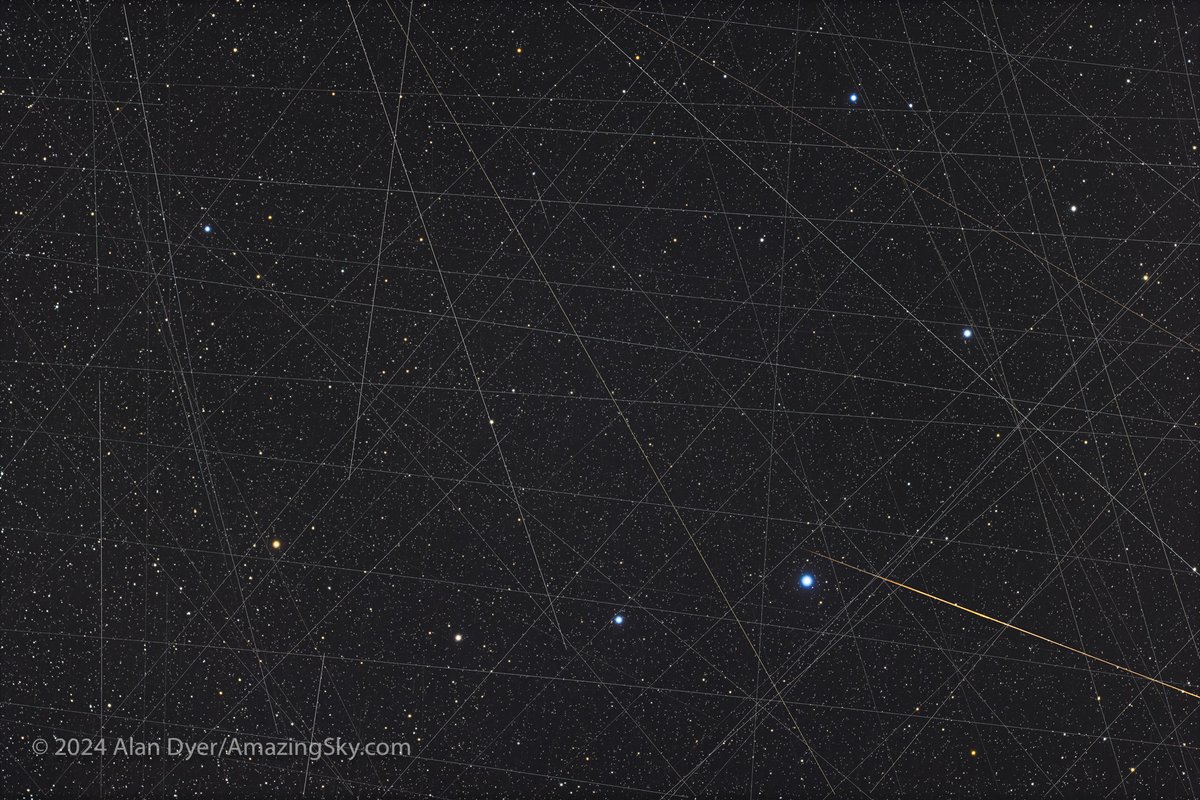 Another demonstration of our crowded sky, in 40 exposures taken over 70 minutes of a field 11° by 7.5° framing Corona Borealis, and stacked to accumulate the satellite trails, not eliminate them. The sky is now a web of satellites. Taken May 3, 2024 from latitude 51° N. #StarLink