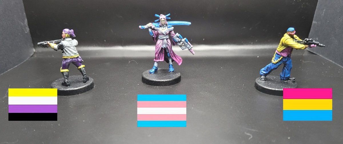 When I read @CerberusXt article in White Dwarf he talked about the challenge & surprise of seeing the pride flag colors in his minis. I thought 'That's something that would get me out of my comfort zone.' 

So I took @MonsterFight31 Danger Gal and Tyger Claws squads and did that.