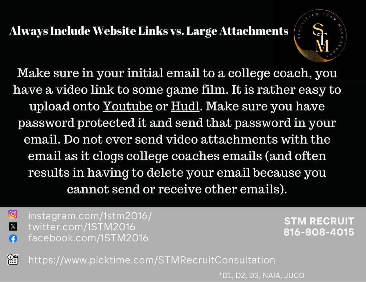 Always Include Website Links vs. Large Attachments
picktime.com/STMRecruitCons…
#soccerplayer #collegerecruitingshowcase #collegerecruits #collegerecruiter #collegerecruitment #soccerlife #soccermom #collegerecruiters #collegerecruitingvideos