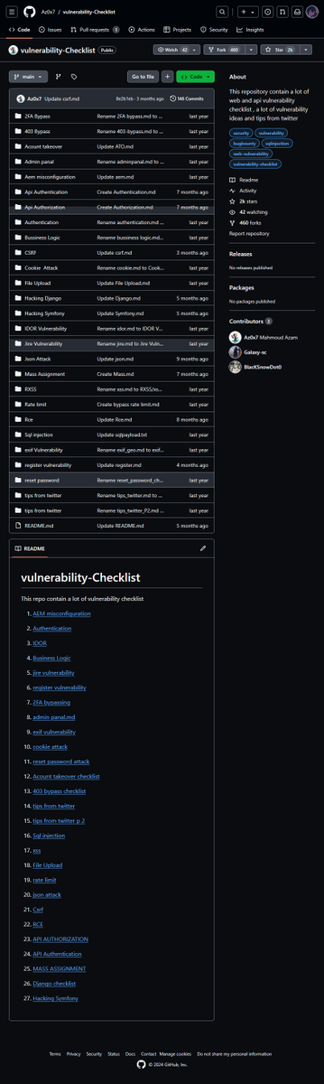 Vulnerability checklist: 📓⚔️

This repository contains a lot of web and API vulnerability checklist, a lot of vulnerability ideas, and tips from twitter

- github.com/Az0x7/vulnerab…

#infosec #cybersec #bugbountytips