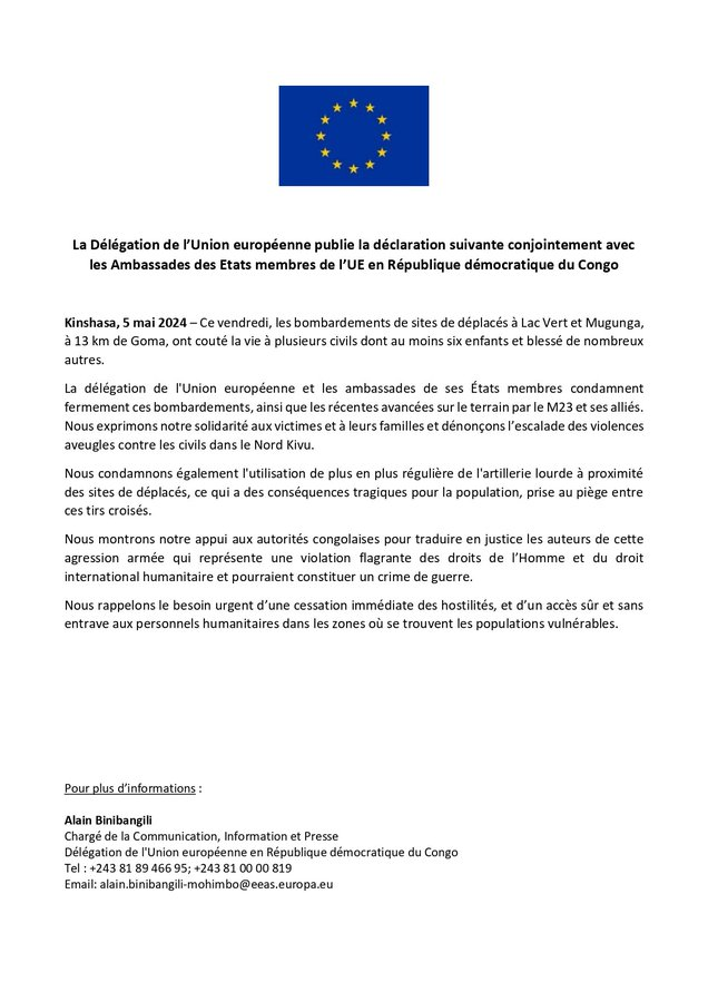 🇨🇩🇪🇺#RDC| [Bombardement des civils à #Mugunga]
L'@UEenRDC et les ambassades des Etats membres de l'#UE en #RDCongo exhortent #Kinshasa à traduire en justice les auteurs du bombardement des civils de Mugunga, tout en prenant soin de ne pas les nommer, contrairement aux Etats-Unis…