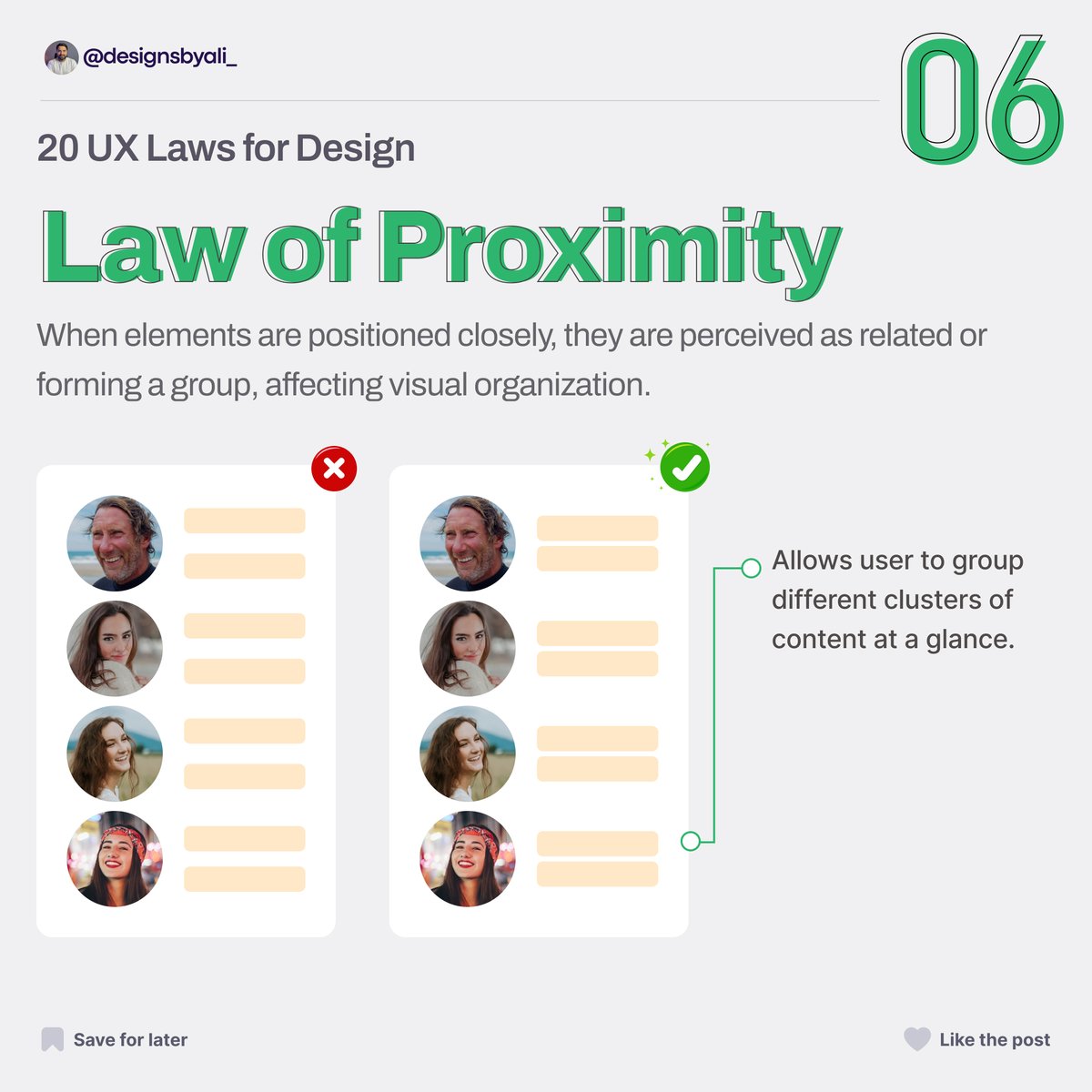 Top UX Laws: Law of Proximity 📏
When elements are positioned closely, they are perceived as related or forming a group, affecting visual organization. 🖼️

#LawOfProximity #DesignPrinciples #VisualDesign #Organization #Grouping #designsbyali #uidesigner #uiux #uxlaws