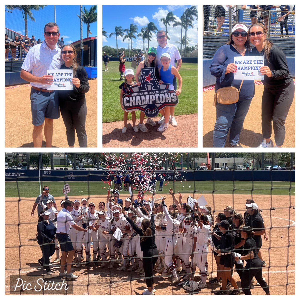 Congrats to @CoachJordanSB & @FAUSoftball on winning the American Conference Championship today! Great day for the Owls & truly an incredible accomplishment! 💣↗️🌴 Photo credit to @toddgenoclark Pic stitch credit to @PaigeWhite0413 Trophy presentation credit to @FAUpresident