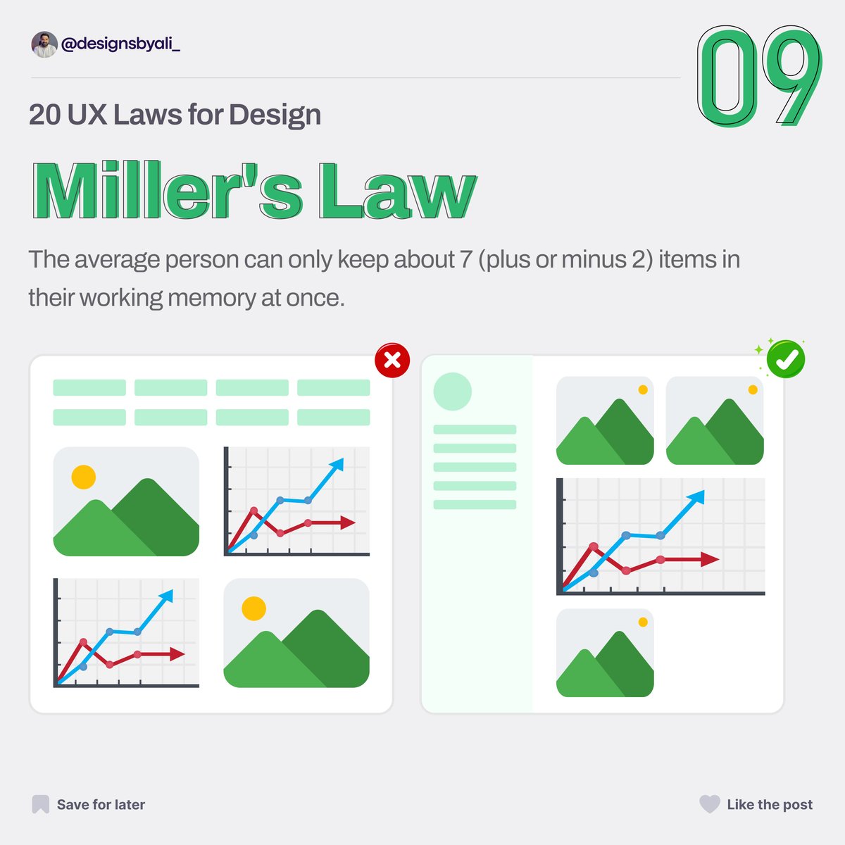 Top UX Laws: Miller's Law 🧠
The average person can only keep about 7 (plus or minus 2) items in their working memory at once.

#MillersLaw #MemoryCapacity #WorkingMemory #Cognition #Psychology #MemoryLimits #designsbyali #uidesigner #uiux #uxlaws