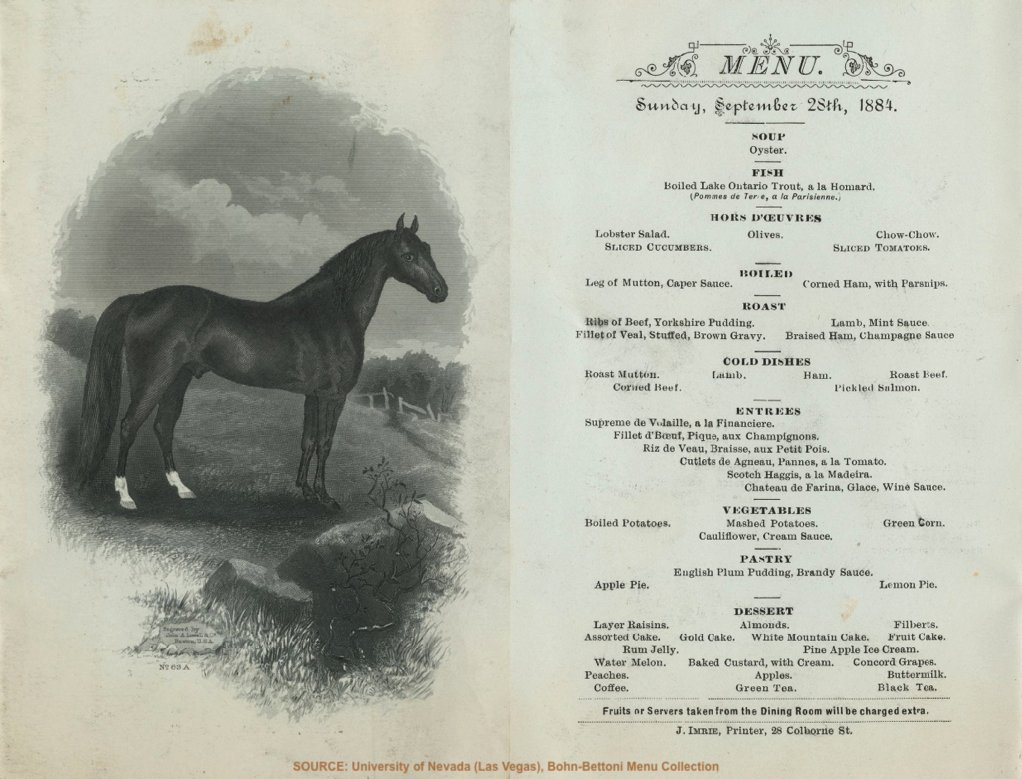 The American Hotel stood on the N.E. corner of Yonge & Front circa 1844-1889, across from the current Hockey Hall of Fame. Here is a menu from 1884 from the American Hotel’s restaurant, whose cuisine at the time reportedly “ranks as the very best.”