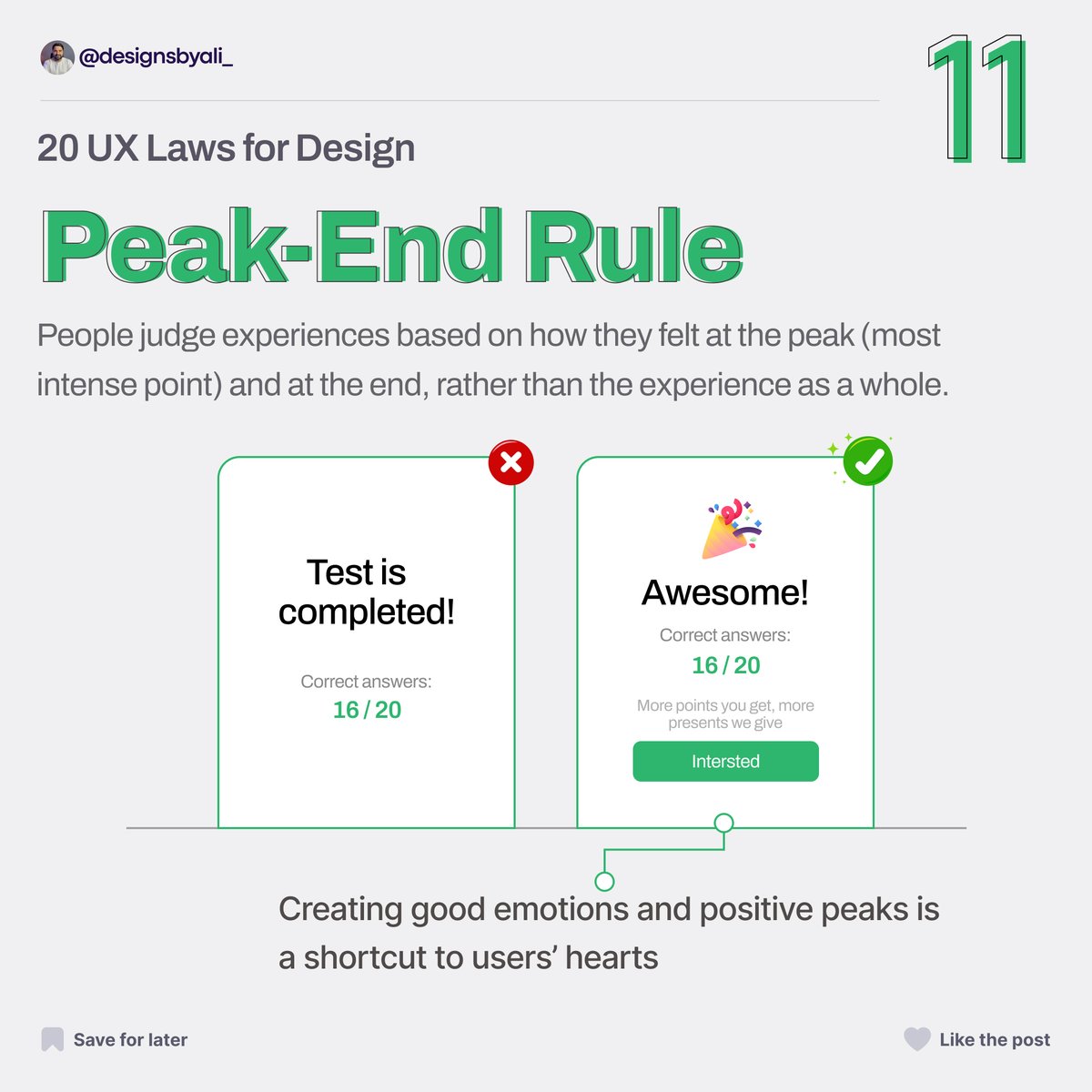 Top UX Laws: Peak-End Rule 🏔️
People judge experiences based on how they felt at the peak (most intense point) and at the end, rather than the experience as a whole.

#PeakEndRule #Experience #Emotions #Memory #Psychology #Perception #designsbyali #uidesigner #uiux #uxlaws