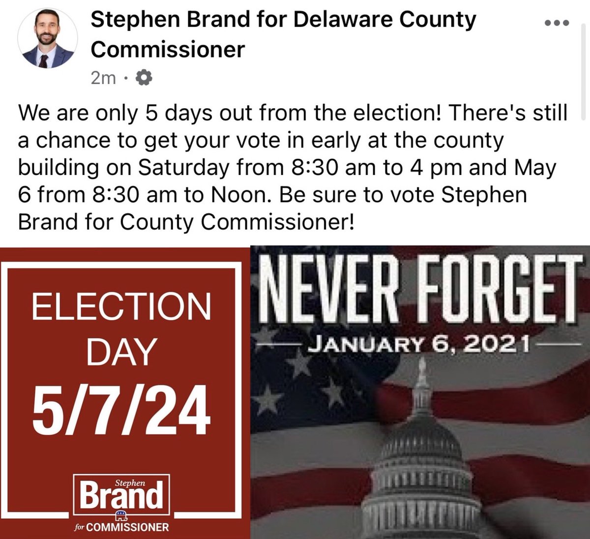 Stephen Brand wants to remind us to vote on 5/7/24. Please keep another date in mind when you vote-1/6/21. Never forget January 6th. Brand’s participation in the insurrection is all you need to remember. #StephenBrand #MuncieMAGA #NeverForgetJanuary6th #Muncie #Indiana #StopMAGA