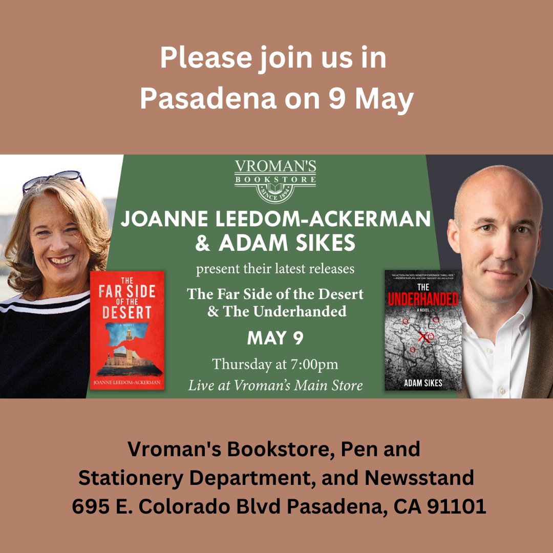 Hello, everyone. @jlajoanne and I will be at @vromans in Pasadena, CA, for a joint event on 9 May starting at 7pm. We'll have a talk and signing. I hope to see you there to meet and chat about books and stories!