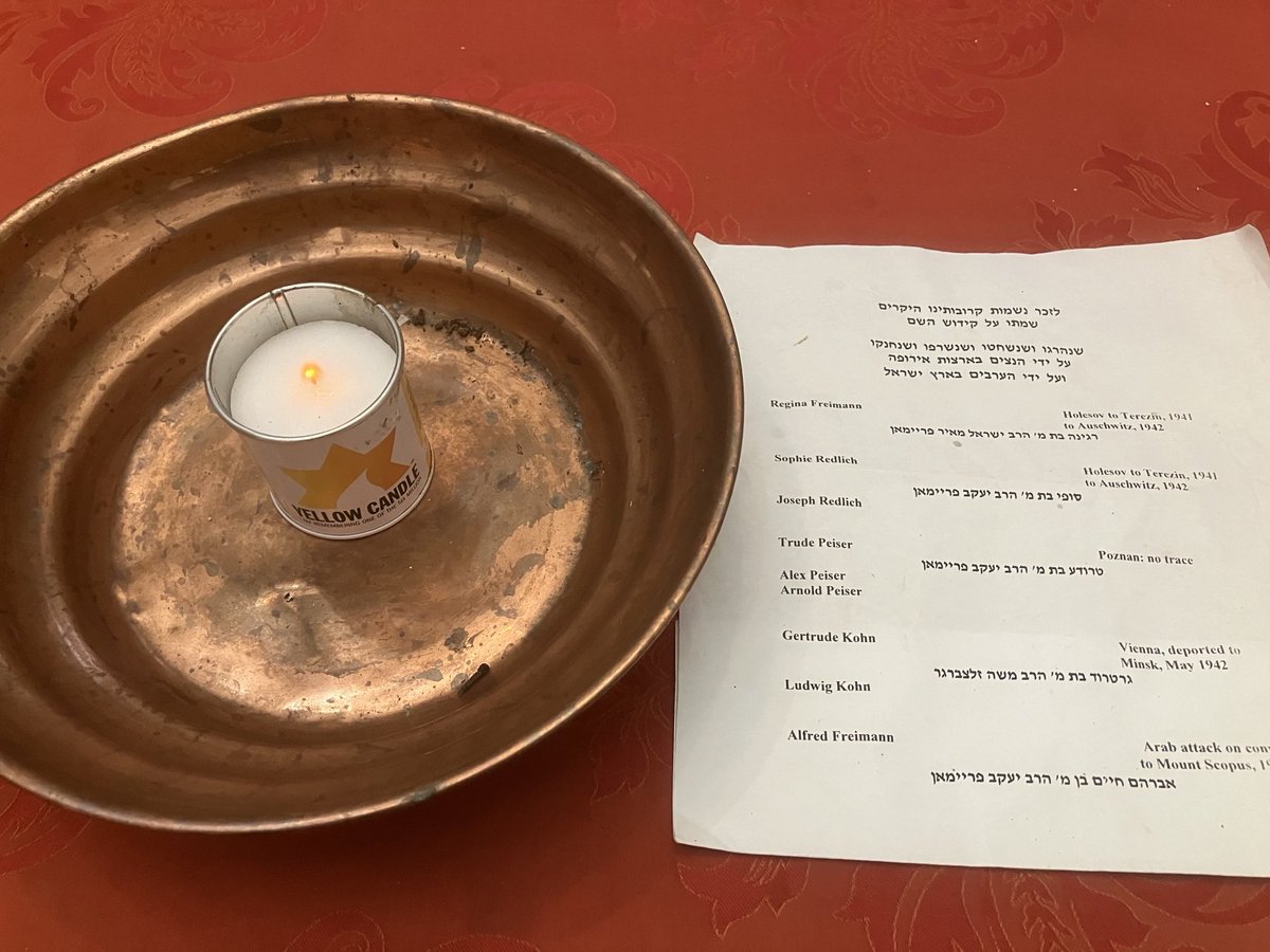 Lightning my yellow candle on Yom Hashoah next to the names of members of my parent’s families who were murdered