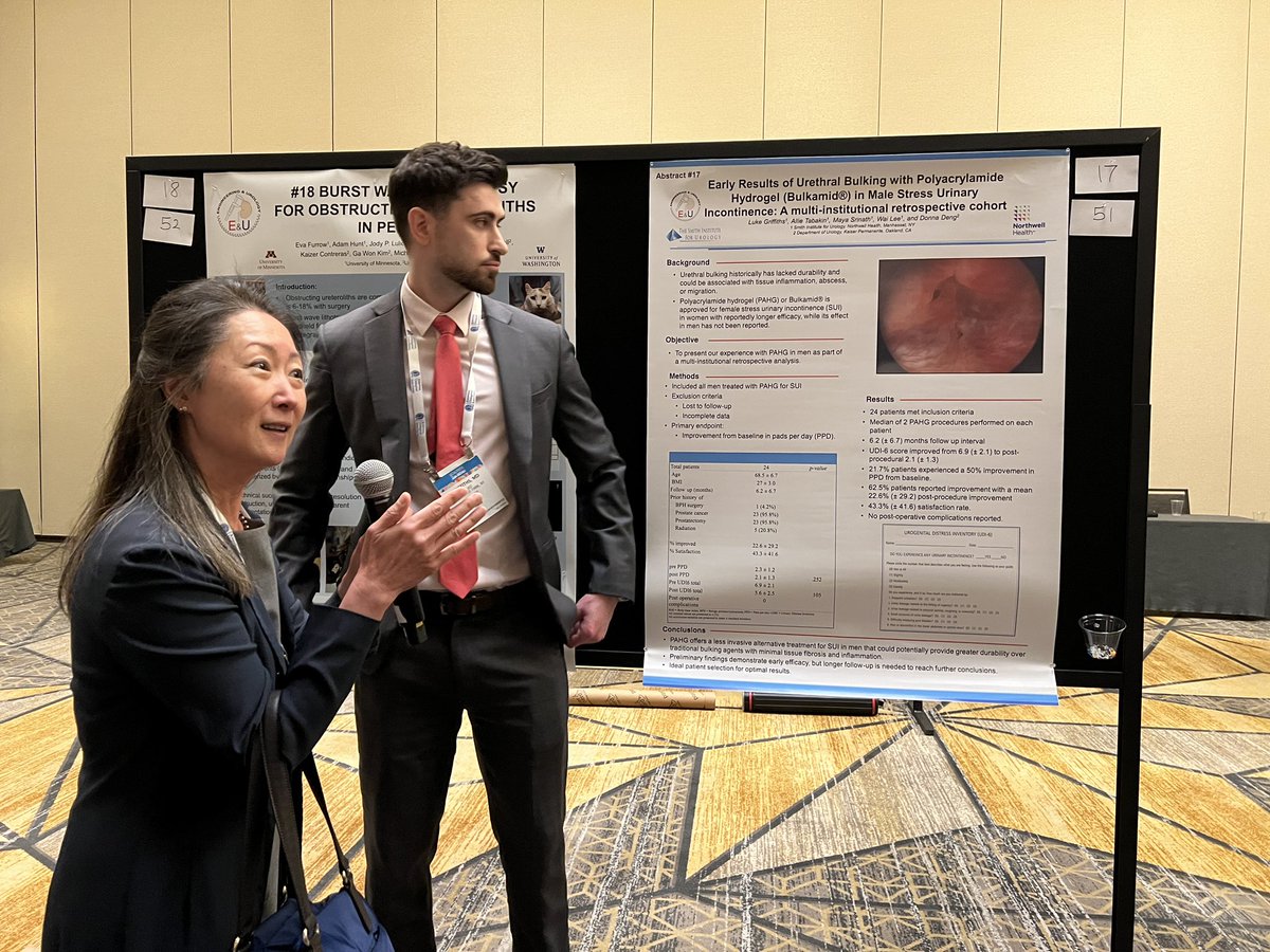 Polyacrylamide hydrogel @bulkamid has efficacy in women with SUI — but what about men? @lukitg @Mrwailee @SmithInstUro show promising results in treating men with SUI! Exciting to have more tools in the urologic armamentarium that can help our patients!🤩 #AUA24 #SUFU24