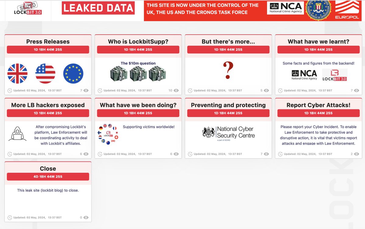 LEA Lockbit page is back up again on the previously seized infrastructure. hXXp://lockbitapt2d73krlbewgv27tquljgxr33xbwwsp6rkyieto7u4ncead[.]onion/page3.php Tuesday 15:00 IE/UK time will be very interesting :) Who is LockbitSupp? Interesting Facts & Figures? And more!