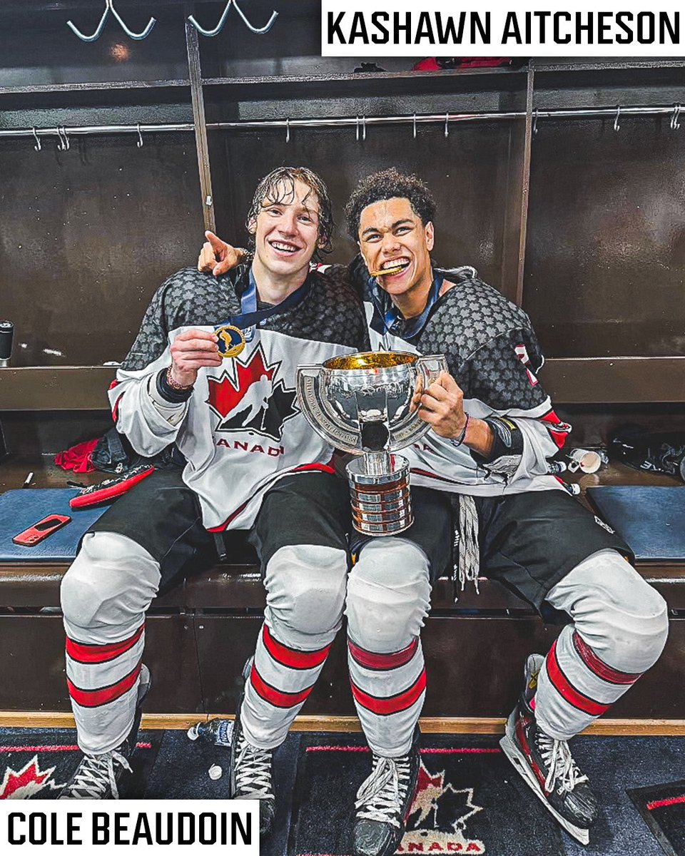 Having to declare some hardware on the way home 🤠 Congratulations to Kashawn Aitcheson & Cole Beaudoin on winning #U18MensWorlds #GiddyUp | @HockeyCanada