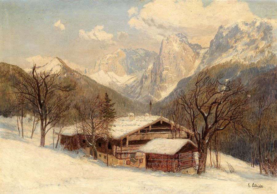 Konrad Petrides 1864-1944 Bauernhaus im Schnee