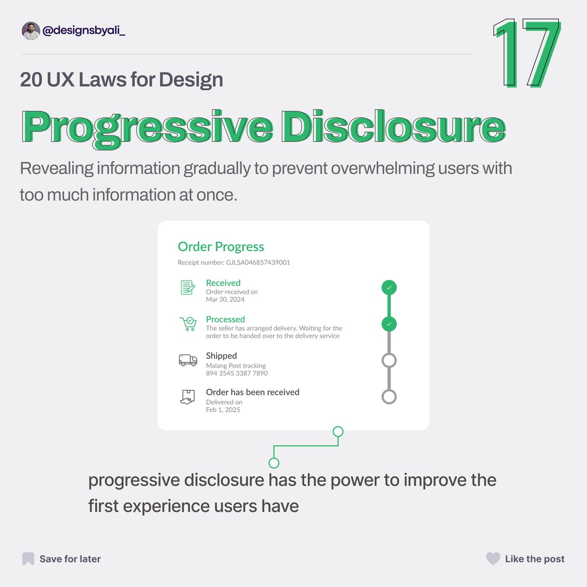 Top UX Laws: Progressive Disclosure 📖
Revealing information gradually to prevent overwhelming users with too much information at once. ⏳

#ProgressiveDisclosure #UserExperience #UXDesign #InformationDesign #InteractionDesign #designsbyali #uidesigner #uiux #uxlaws