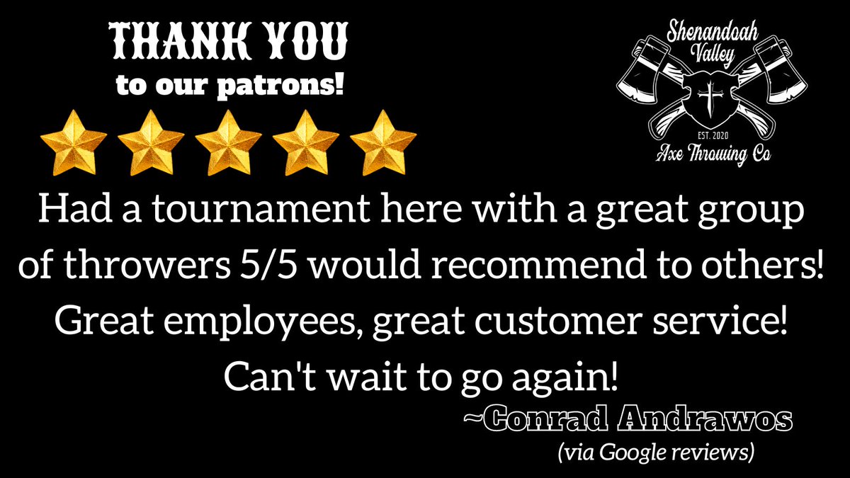 Thank you to our patrons! We really appreciate you taking the time to write a thoughtful review. Here's what some of our customers are saying!
#discoverfrontroyal #axethrowing #shenandoahaxethrowingco #SVAXECO #fivestarreview