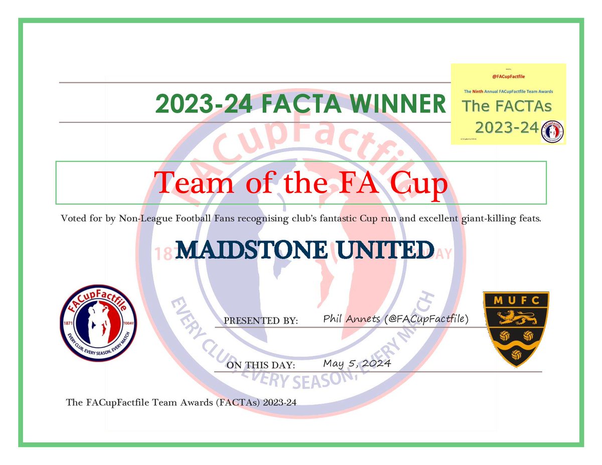 And Finally ... 

The 'Non-League Team of the FA Cup' FACTA as voted for by fans of NL football goes unsurprisingly to @maidstoneunited for their terrific performances in the #FACup this season.

Congratulations to Maidstone United on their 4th FACTA!

#FACTAs #NonLeague #Stones