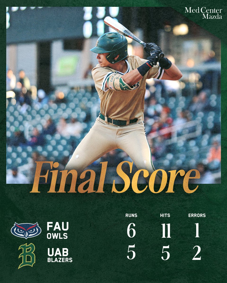FAU walks this one off. Blazers 5, FAU 6 UAB wins the series two games to one.