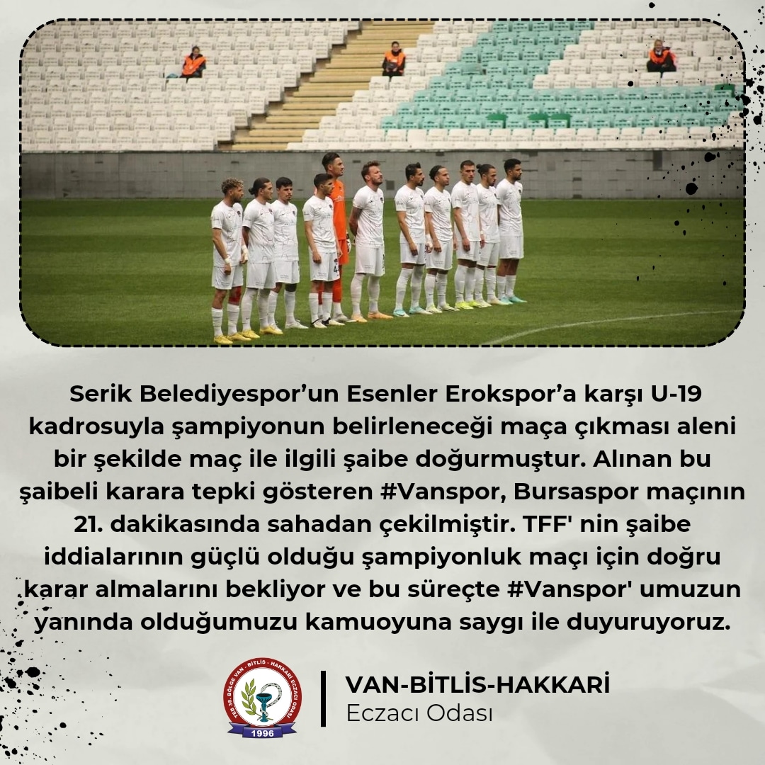 Serik Belediyespor’ un Esenler Erokspor’ a karşı U-19 kadrosuyla şampiyonun belirleneceği maça çıkması aleni bir şekilde maç ile ilgili şaibe doğurmuştur.  Alınan bu şaibeli karara tepki gösteren #Vanspor ,Bursaspor maçının 21. dakikasında sahadan çekilmiştir.