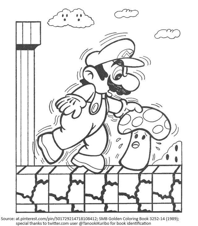 In most Mario media, power-ups are depicted as not sapient and thus neutral towards being consumed. However, an officially licensed 1989 coloring book depicts a Super Mushroom being scared of Mario consuming it, calling into question the morality of using power-ups.