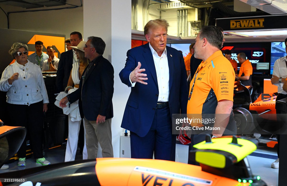 Former President Donald Trump walks the paddock and meets with McLaren Chief Executive Officer Zak Brown before the #F1 #GrandPrix of Miami at Miami International Autodrome 📷: @clivemasonphoto , @tiltoncreative