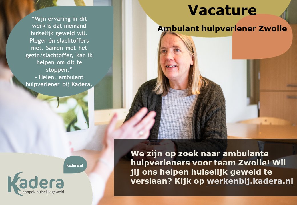 #vacature Kadera is op zoek naar een ambulant hulpverlener voor team Zwolle. Wil jij ons helpen bij het stoppen van huiselijk geweld in gezinnen? Jouw inzet kan ervoor zorgen dat gezinnen samen veilig verder kunnen. 
werkenbij.kadera.nl/vacaturebeschr…