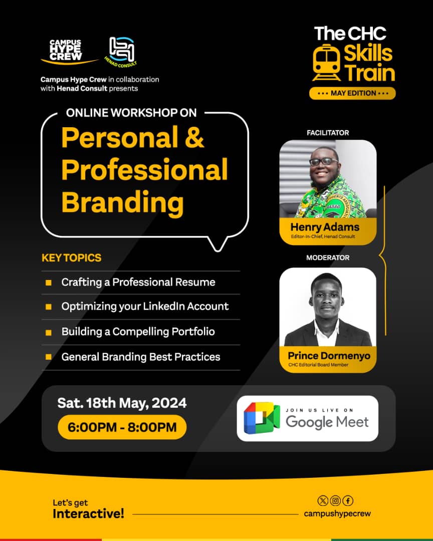 I'll be moderating a webinar on personal and professional branding for the May edition of the @CampusHypeCrew Skills Train in partnership with @HenadConsult! Join us for valuable insights from @TheHenryAdams to enhance your personal brand. Don't miss it! #CHCSkillsTrain