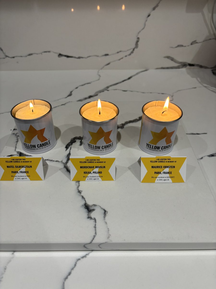 We light these candles tonight on Yom Hashoa to remember Mattel Silbersztajn of Paris, Mordchaie Bouslik of Poland and Maurice Ornstein of Paris murdered at the hands of the Nazis along with so many others. May their souls rest in peace
<a href="/YellowCandleUK/">Yellow Candle</a> 
#YomHashoa24 #yellowcandle
