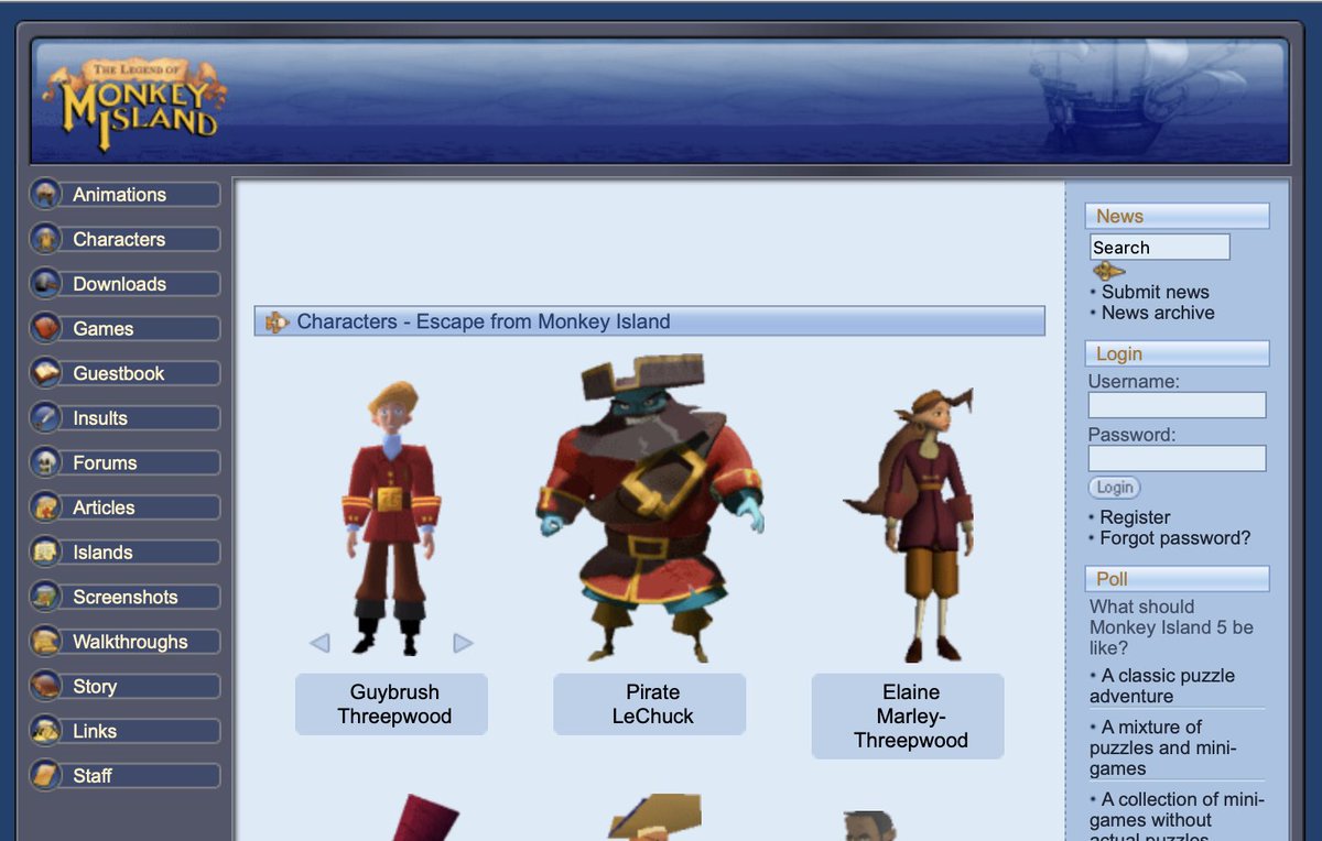 I was exploring the concept art of Monkey Island 1: Special Edition and found a study of the main characters from the first 4 games. It’s nice to see that my website helped in some way! (1st image is from the MI:SE Collection and 2nd is a screenshot of my website back in 2007)