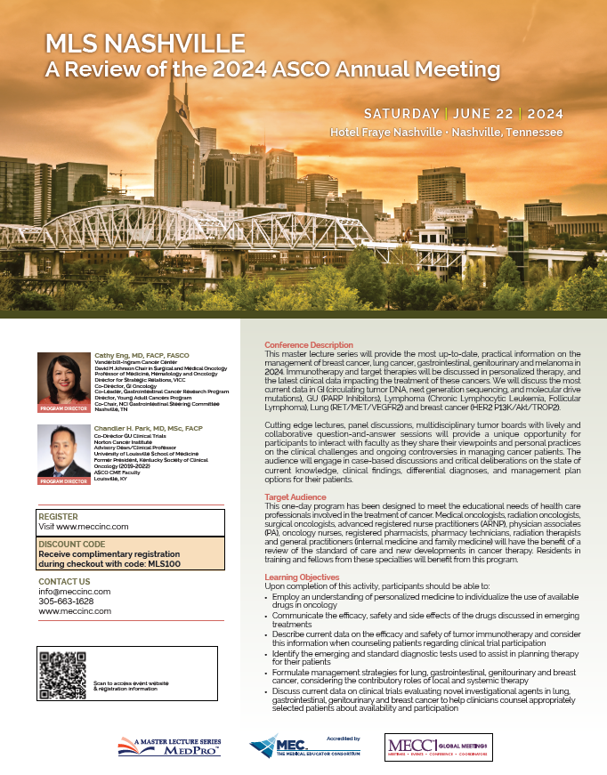 Join me and @CParkMD as we host this wonderful line up of 🤩speakers to discuss updates in #cancer in #Nashville Sat 6/22/24. Summary - MLS Nashville (cvent.com). CODE: MLS100 #cancerresearch @VUMC_Cancer @jordanberlin5 @christine_lovly @OncBrothers @MVillaume