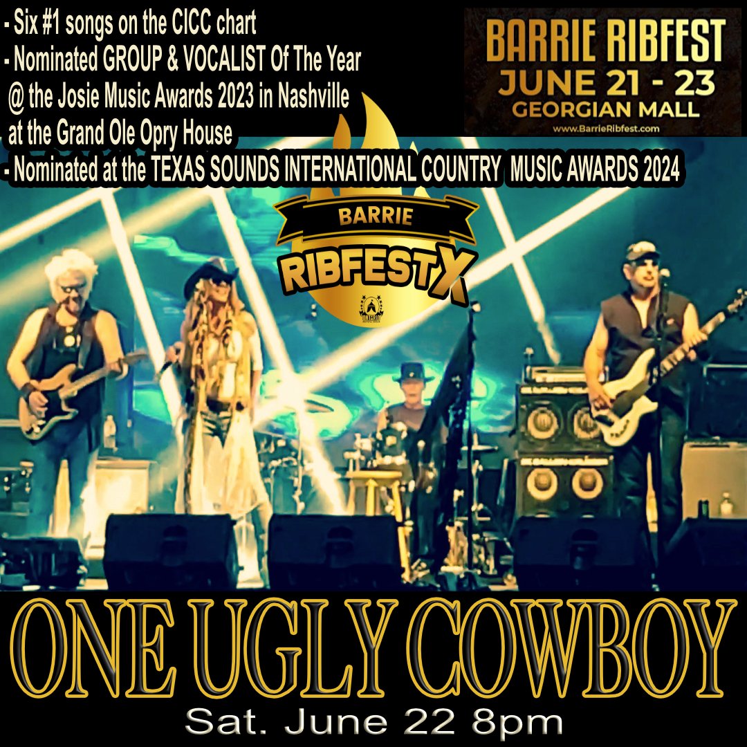 NEW show announcement !!! Super excited to be headlining at the Barrie Ribfest on Saturday June 22nd !!! Gonna be a blast & we TRULY hope to see you if you're in that neck of the woods !!! 😍💛👍🏻 OUC showtime: 8pm Info: oneuglycowboy.com/tour #RibfestXTour #BarrieRibfest2024