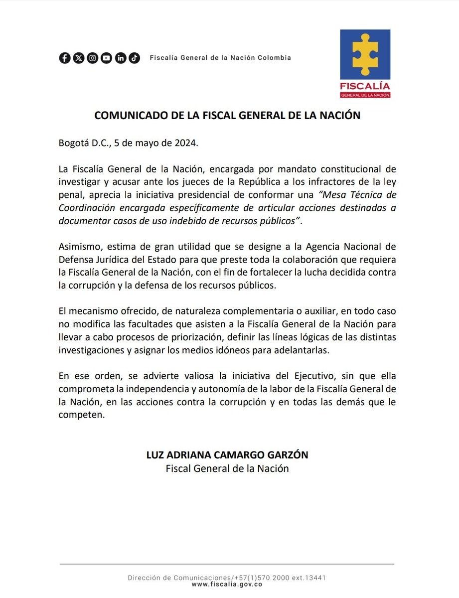 La #Fiscalía General de la Nación aprecia la iniciativa del Ejecutivo de conformar una 'Mesa Técnica de Coordinación' para documentar casos de uso indebido de recursos públicos'. Este mecanismo propuesto, no compromete la independencia, autonomía y la labor constitucional de…