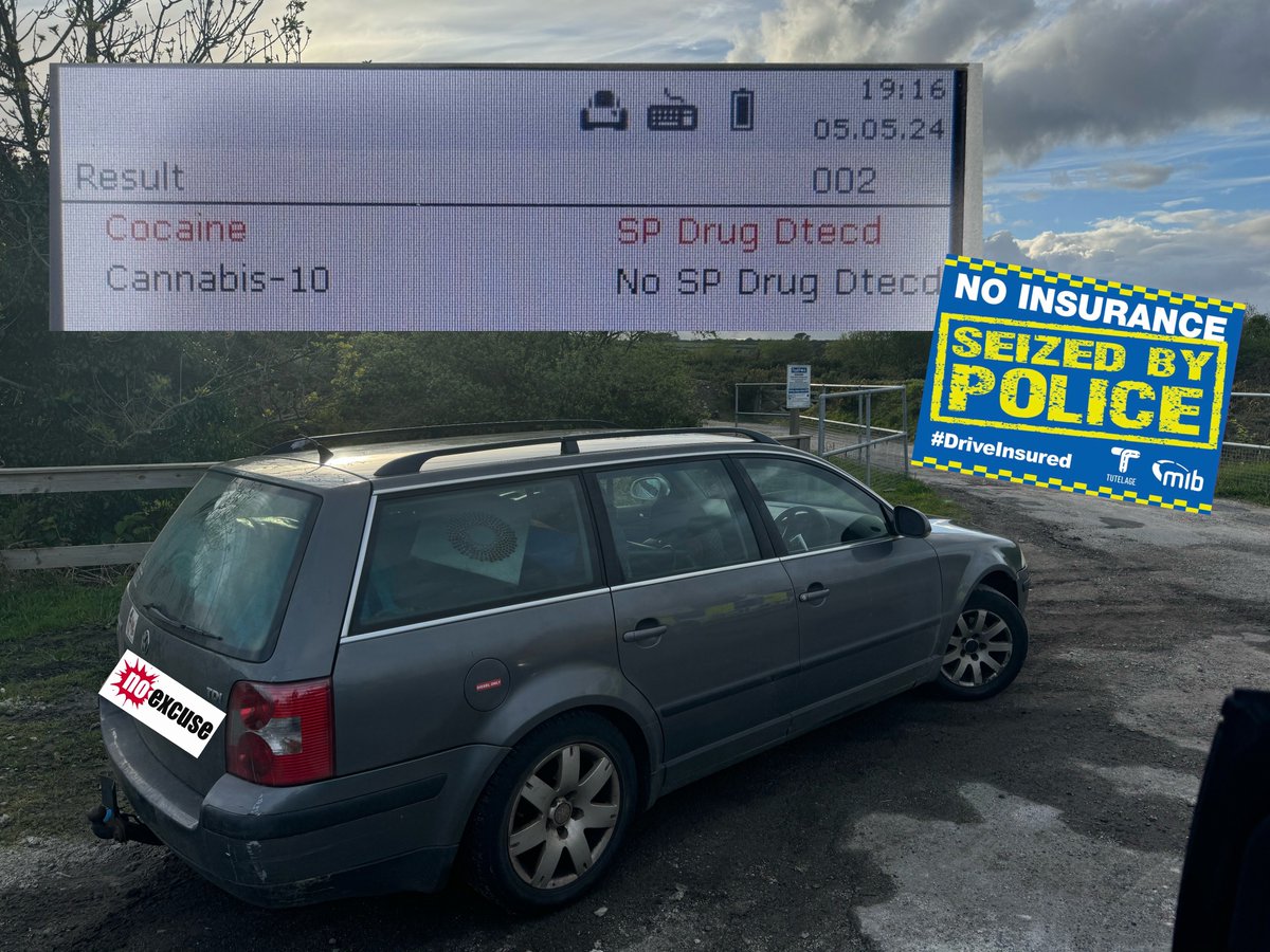 #VW stopped near #Redruth as it was showing uninsured - driver appeared under the influence and tested positive for cocaine - vehicle seized and driver arrested #NoExcuse #Fatal5 @CambornePolice @DraegerNews