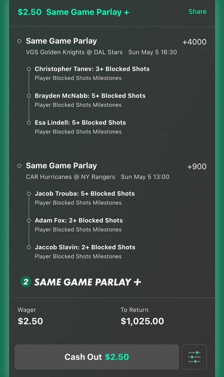 CAR @ NYR / VGS @ DAL shot block lotto + mega lotto…. these don’t cash often but have a chance every game🤞 dabble with these… goodluck 🫡 #NHL #NHLPicks