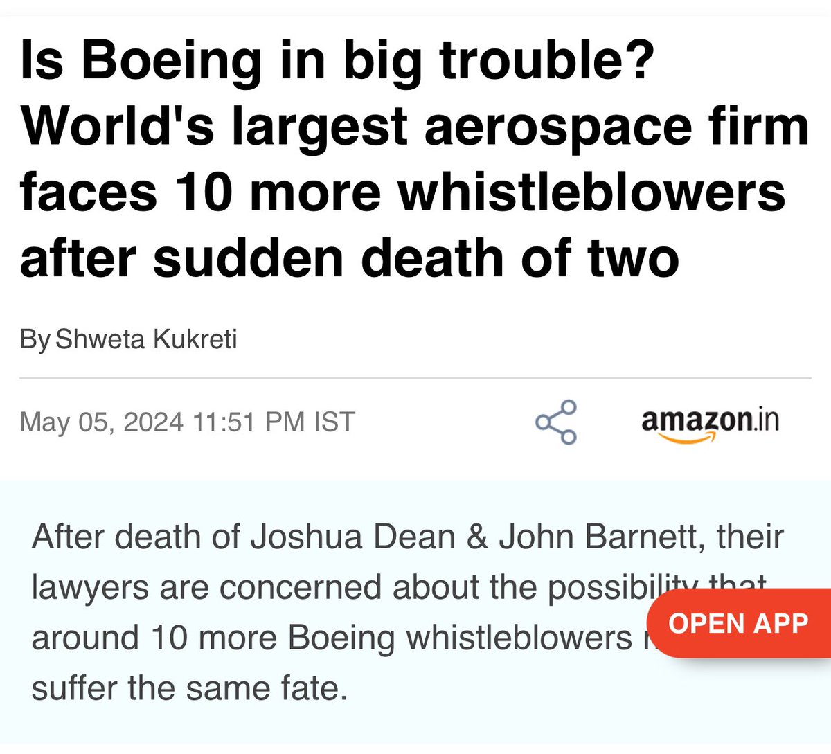 After the sudden death of two Boeing whistleblowers, their lawyers are now worried that the remaining ten whistleblowers may be scared off. The chances that there’s foul play at work is extremely unlikely but the optics creates additional problems for Boeing.