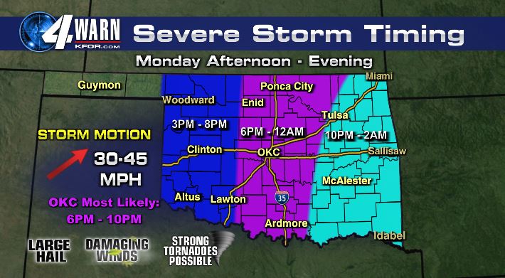 Just being honest with you...Monday looks quite scary weatherwise. Please use this Sunday to make a severe weather plan with your family! Strong, possible long track tornadoes are possible. Here's the latest timing!  @kfor #okwx