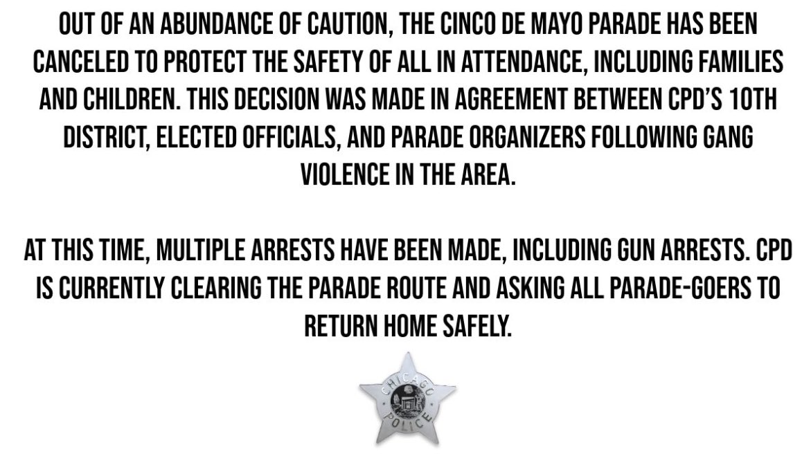 The Cinco De Mayo parade has been canceled in #Chicago.

The criminals run the city.

#CincoDeMayo2024