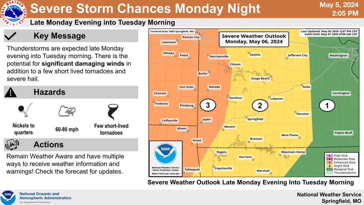 Thunderstorms are expected late Monday evening into Tuesday morning. There is the potential for significant damaging winds in addition to a few short-lived tornadoes and severe hail. #mowx #kswx