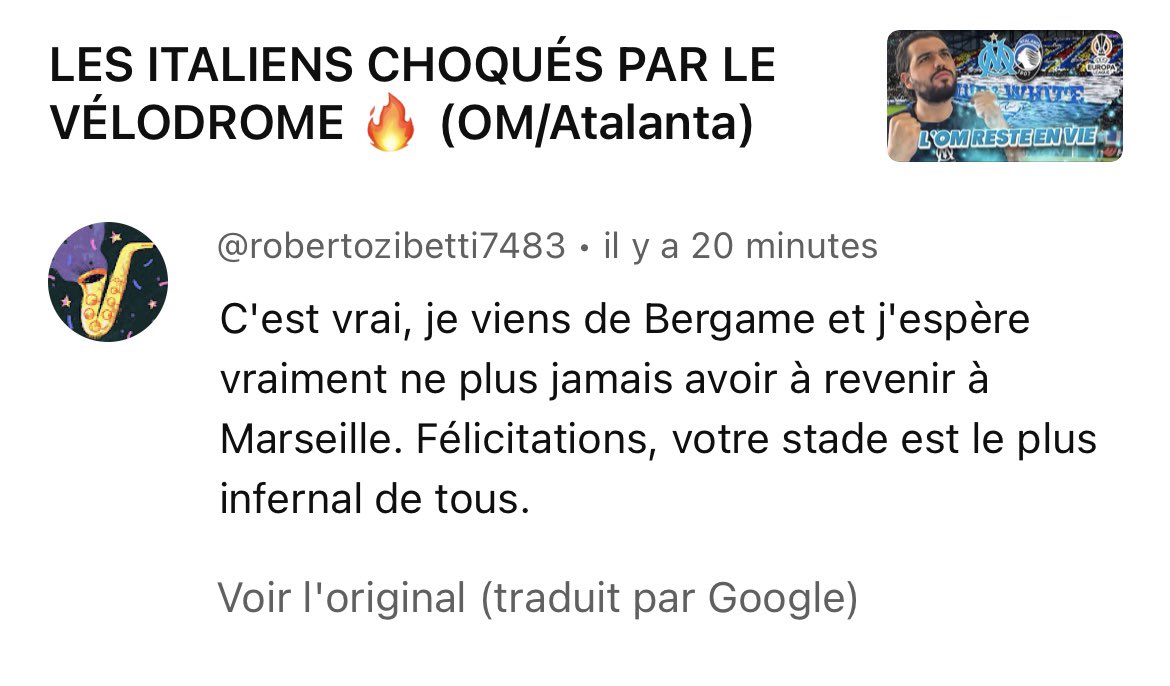 « Je viens de Bergame et j’espère ne plus jamais revenir à Marseille » Un supporter de l’Atalanta, choqué du Vélodrome, vient de commenter ma dernière vidéo pour faire l’éloge du stade 🔥 #TeamOM #OM