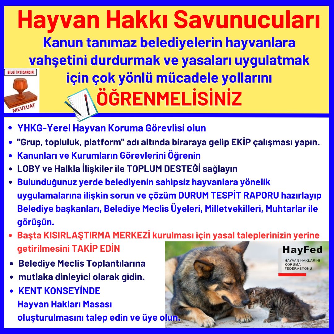 Hayvan Hakkı Savunucuları Katil belediyelerin KISIRLAŞTIRMA yapmayıp, hayvanlar çoğalıp vatandaş şikayet ettikçe toplayıp bir kısmını toplarken ÖLDÜRMELERİNE, kırsala, ormanlara, çöplüklere, karlı dağlara atmalarına, gönüllülere YASAKLAR koyarak ÖLÜM KAMPI barınaklardaki…