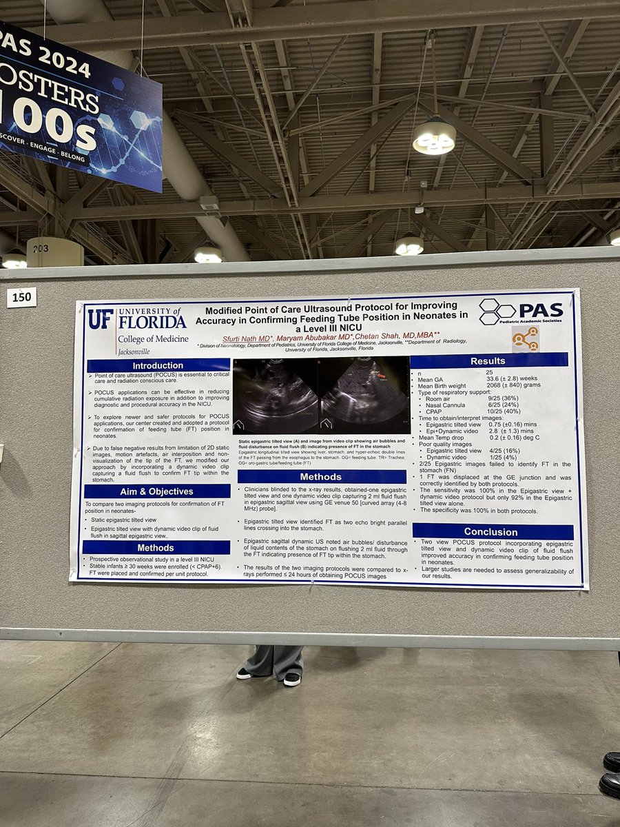 Check out poster #150 on using a 2 view POCUS protocol to confirm gastric tube placement in neonates. Awesome work by Dr. Nath at UF Jacksonville #neotwitter #pas2024 #neopocuscollab #pocus #nicu