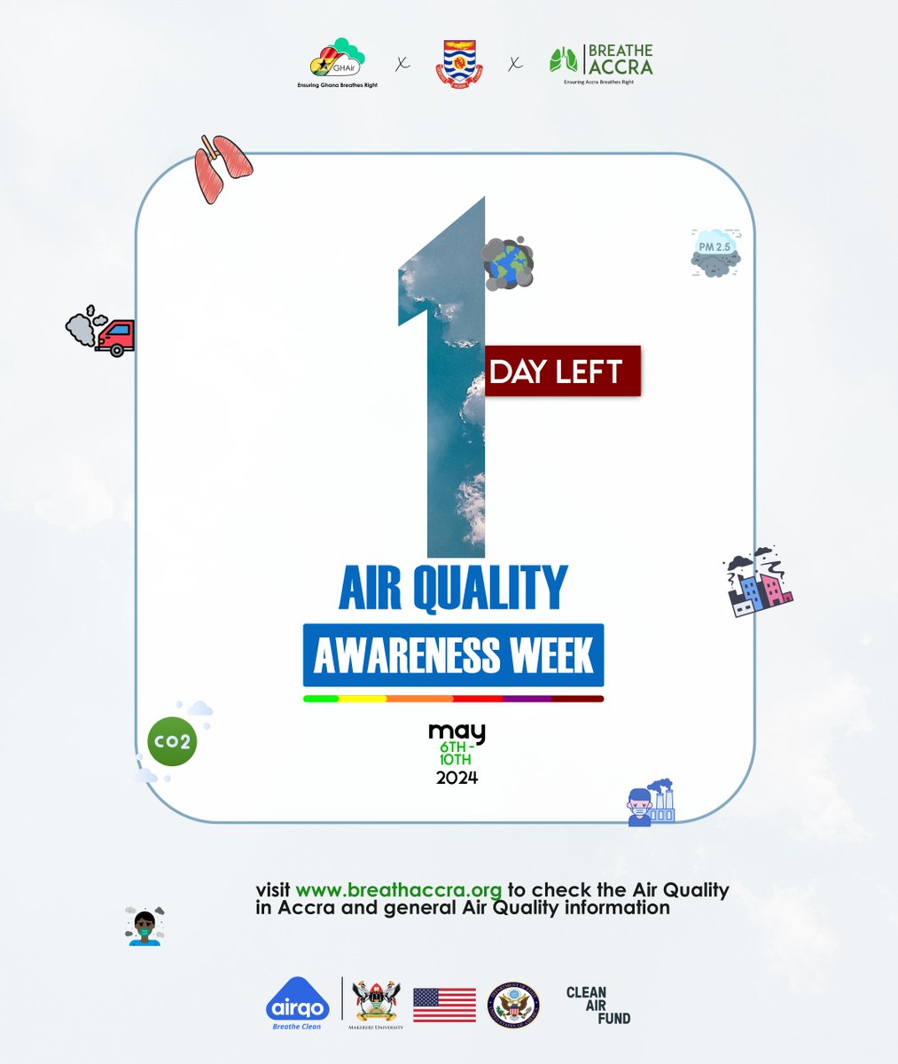 Ghana Urban Air Quality Project (GhanaAQ) (@ghanaaq) on Twitter photo We're a few hours away from #AQAW2024. Join us through the week as we learn about #AirQuality and its impact on our lives. #CleanAir4Accra #AQAW #CleanAirGhana <a href="/kofiamegah/">Kofi Amegah</a> <a href="/CleanAirFund/">Clean Air Fund</a> <a href="/AirQoProject/">AirQo</a> <a href="/AIRNow/">airnow</a> We're a few hours away from #AQAW2024. Join us through the week as we learn about #AirQuality and its impact on our lives. #CleanAir4Accra #AQAW #CleanAirGhana <a href="/kofiamegah/">Kofi Amegah</a> <a href="/CleanAirFund/">Clean Air Fund</a> <a href="/AirQoProject/">AirQo</a> <a href="/AIRNow/">airnow</a>
