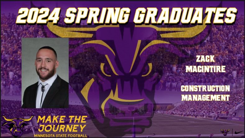 It was a big weekend for our student-athletes who completed an academic journey and goal by graduating. @MinnStFootball would love to wish a congrats to @MacintireZack! We are all very proud of you and look forward to your future! 🤘🏽😈 #MadeTheJourney #HornsUp #Alum #MavFam