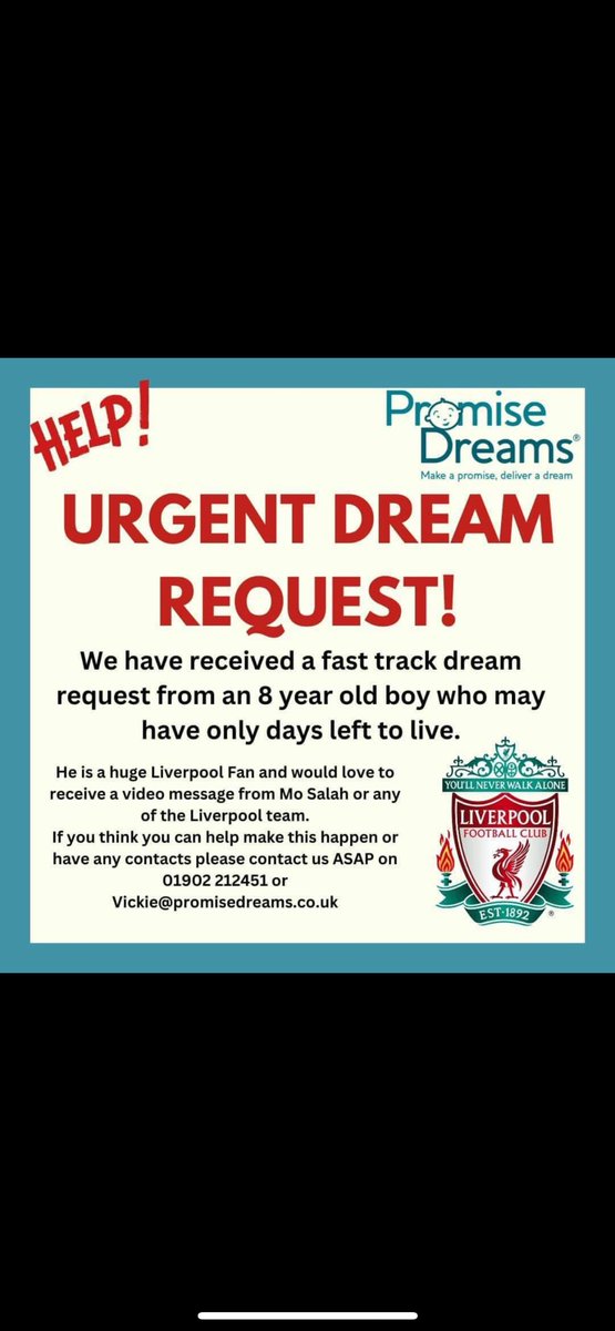 Wondering if @LFC @LivEchonews @capliverpool @MoSalah @LiverpoolFCW @LFCHelp could make this youngsters last days incredible ?