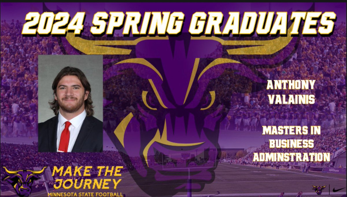 It was a big weekend for our student-athletes who completed an academic journey and goal by graduating. @MinnStFootball would love to wish a congrats to @anthony_v55! We are all very proud of you and look forward to your Sr yr of 🏈! 🤘🏽😈 #MadeTheJourney #HornsUp #Alum #MavFam