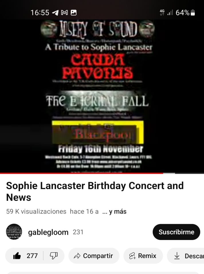 I also wanted you to know that, as The Eternal Fall bass player, it was an honor to play at the Sophie tribute in Blackpool and to dedicate a song to her memory at our London gig on November 2007.
#wearesophie #ElHorrorCosmico