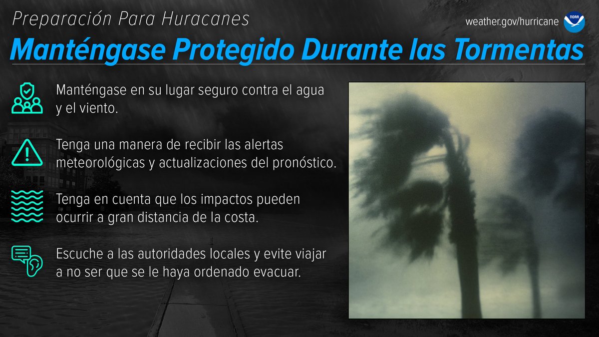 Esté preparado para la temporada de huracanes conociendo qué debe hacer durante una tormenta. Ya sea que haya evacuado o que se esté refugiando en casa, sepa qué esperar de los peligros que podría enfrentar. #HurricanePrep #HurricaneStrong noaa.gov/mant-ngase-pro…